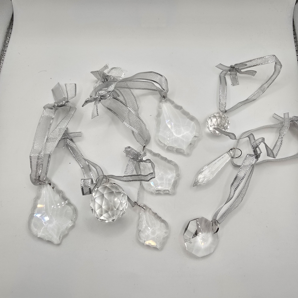 8 Crystal Ornament Set with Silver Ribbons